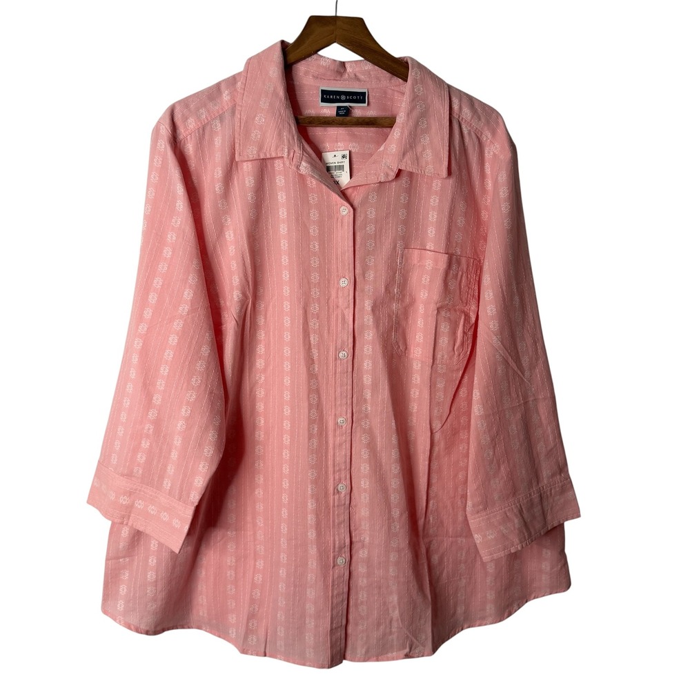 Karen‎ Scott Womens 3X Pink Embroidered Stripe 3/4 Sleeve Button Up Cotton Shirt